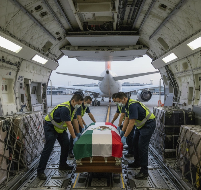 Ataúd siendo desembarcado del avión