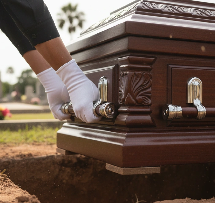 worker with gloves lifting the casket from grave