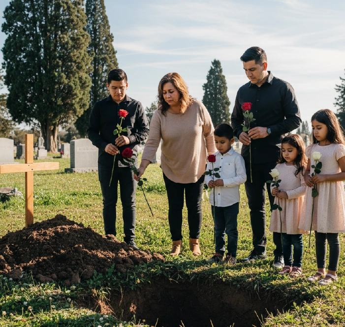 Familiares dejando flores en el ataúd antes del entierro