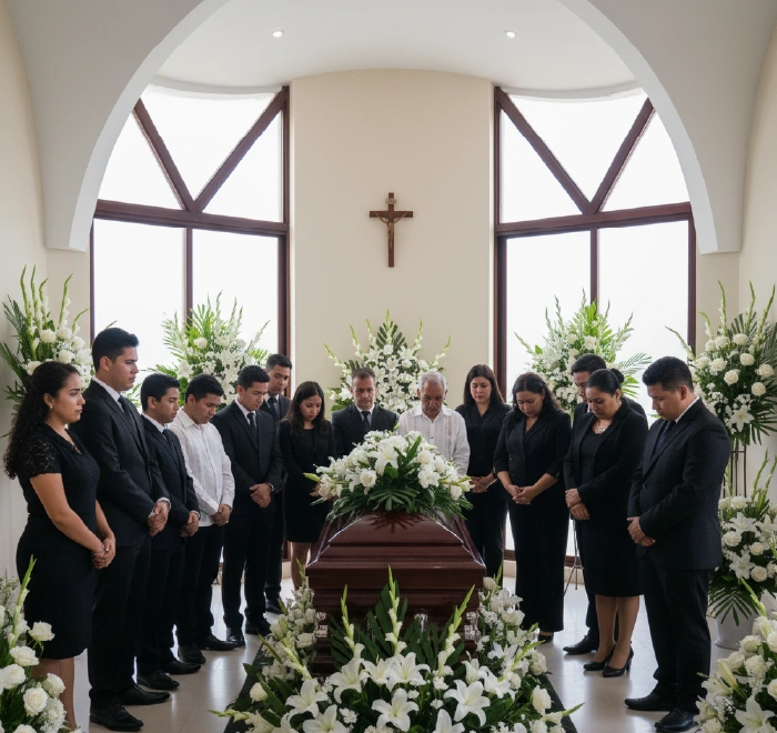 family praying over the casket with the priest in a chapel