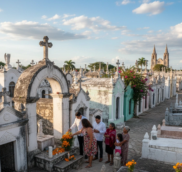 family visiting a local cemetery