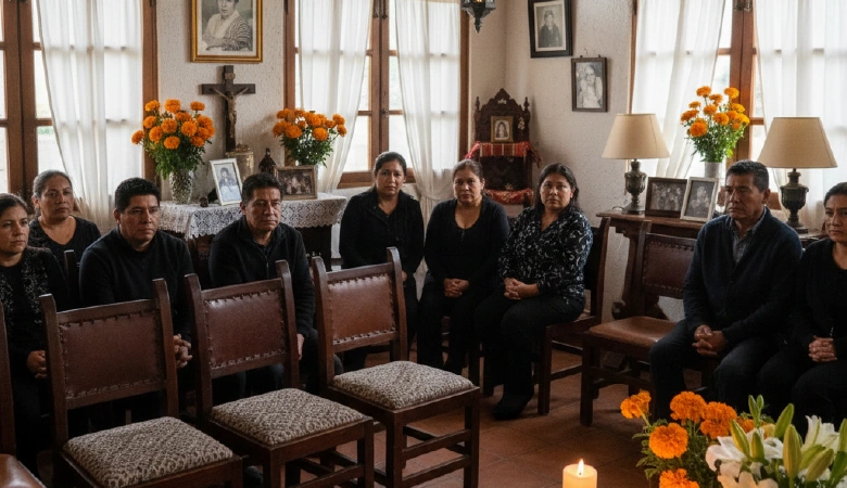 Family preparing a living room for a traditional home wake in Mérida