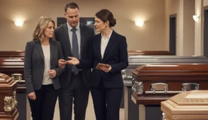 Funeraria Mérida Staff Assisting Family with Casket Selection